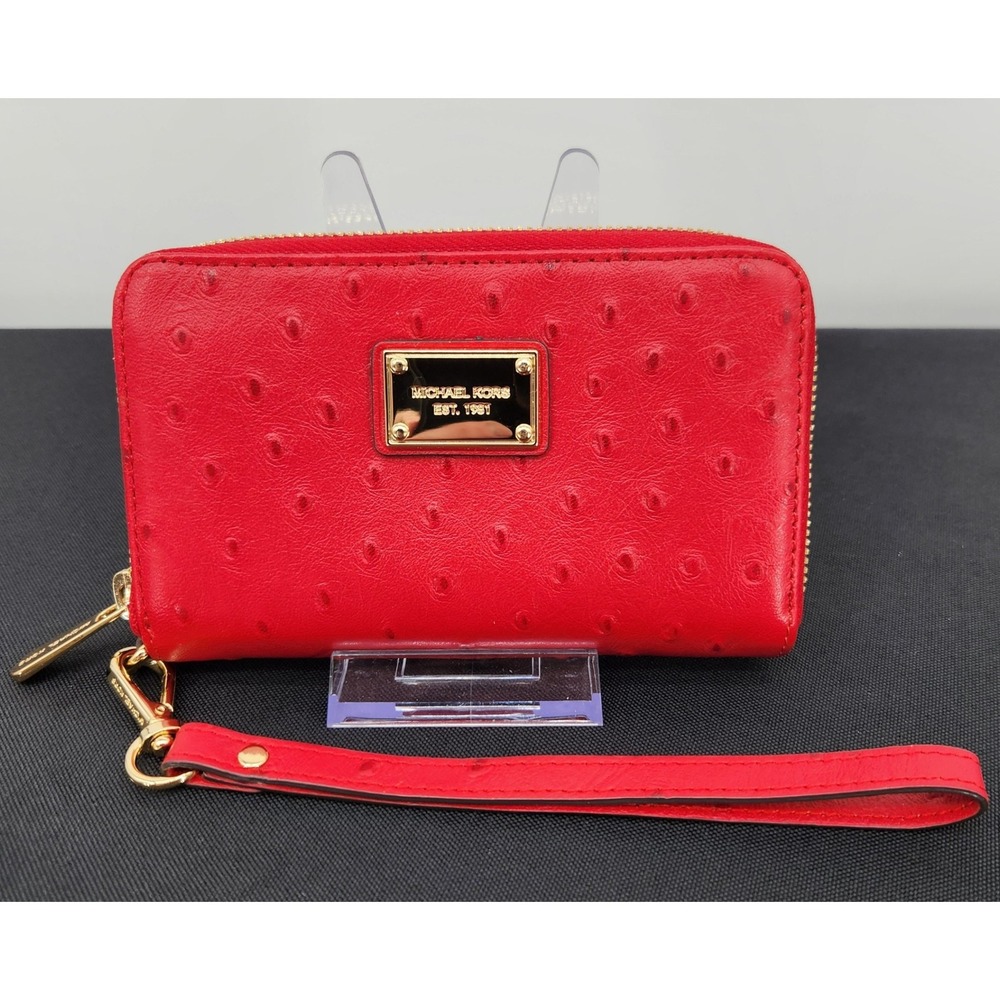 MICHAEL KORS Red Ostrich Embossed Leather Wristlet Wallet Gold Hardware